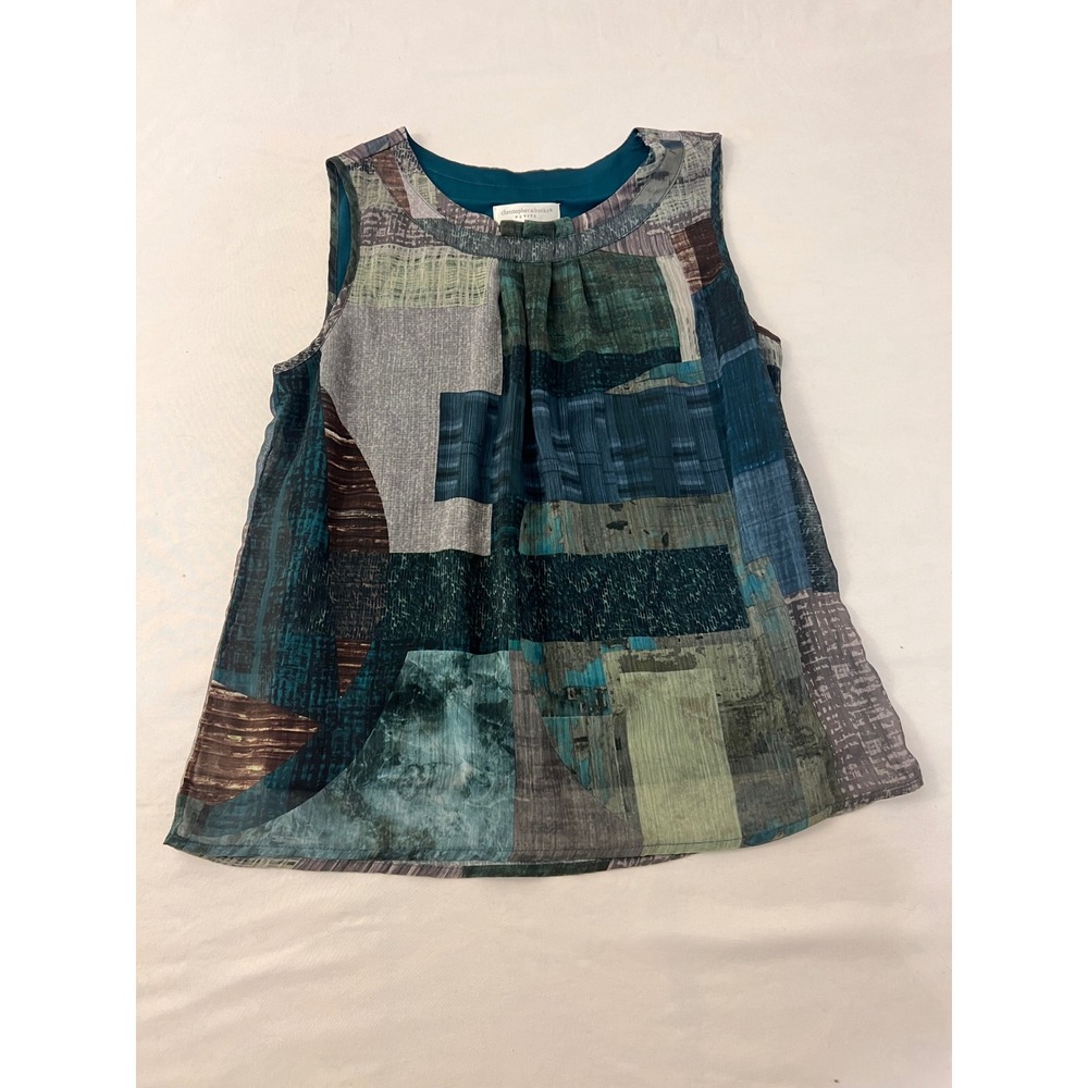 Christopher & Banks Petite Medium Teal Abstract Patchwork Sleeveless Shell Top